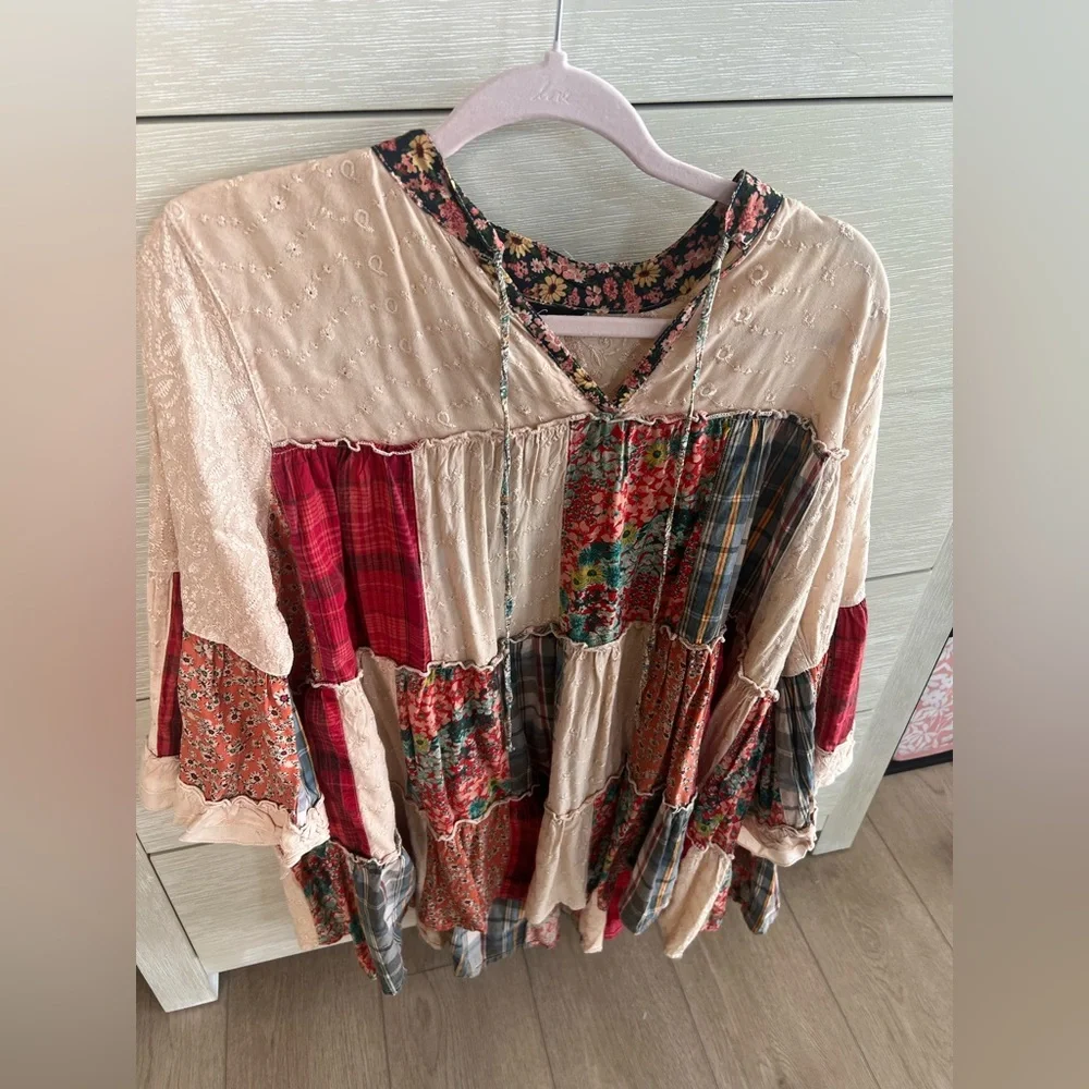 Bohemian Patchwork Peasant Top in Cream and Red - Picture 1 of 4